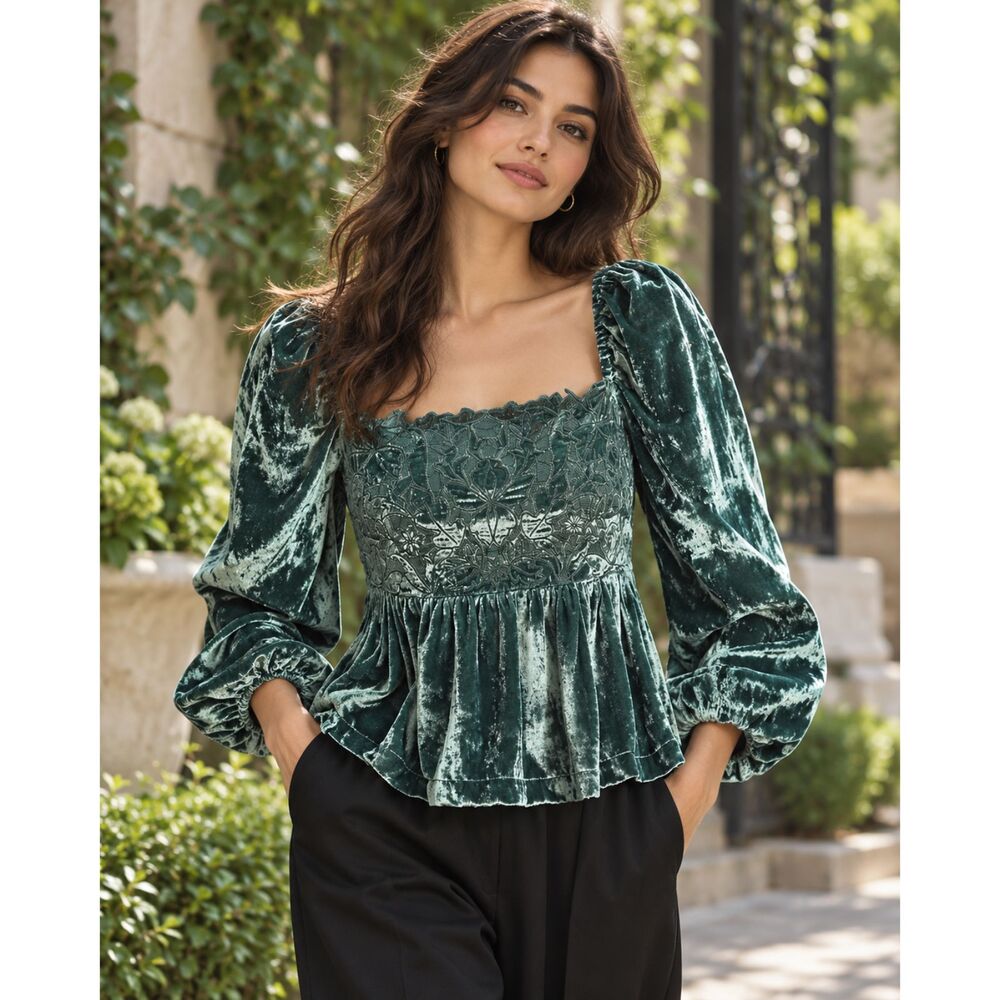 Anthropologie Long-Sleeve Velvet Blouse Green Luxe Cutwork Top NWT Size S